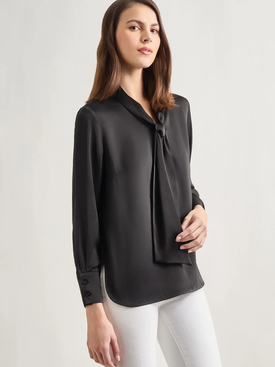 Misook Blouses & Shirts|Tops & Tees|Solid Tie Neck Crepe de Chine Blouse