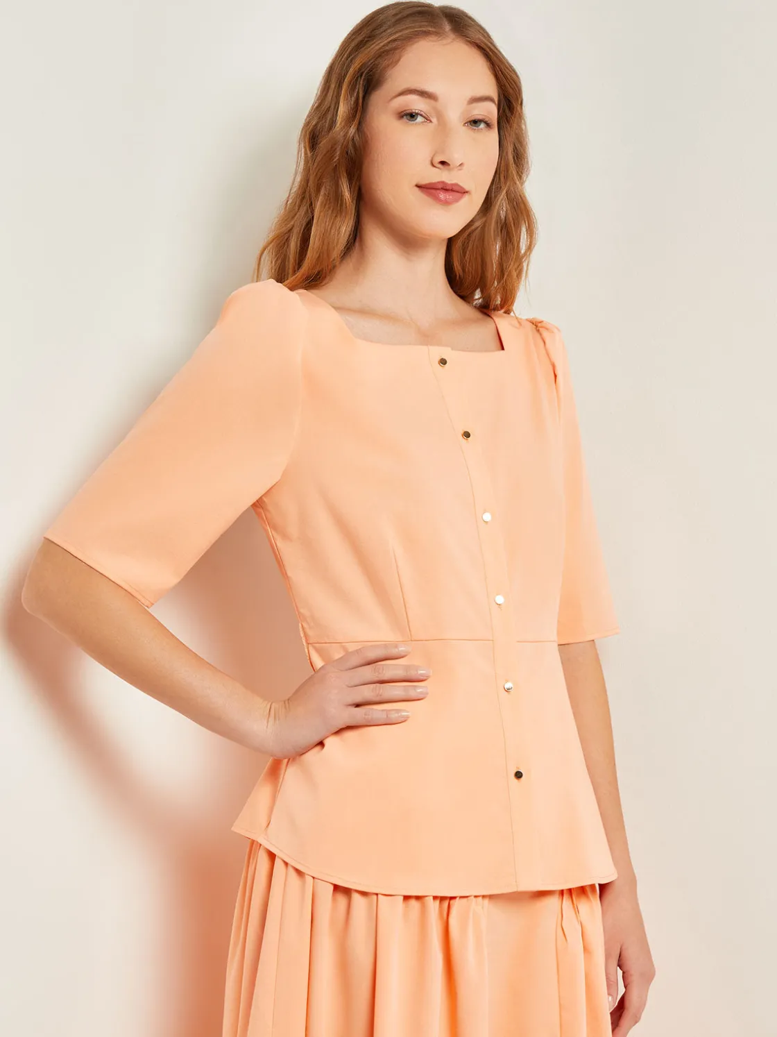Misook Blouses & Shirts|Tops & Tees|Square Neck Button Front Blouse - Belted Faux Cupro Silk