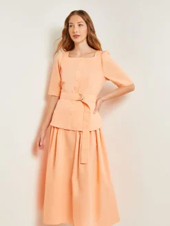 Misook Blouses & Shirts|Tops & Tees|Square Neck Button Front Blouse - Belted Faux Cupro Silk