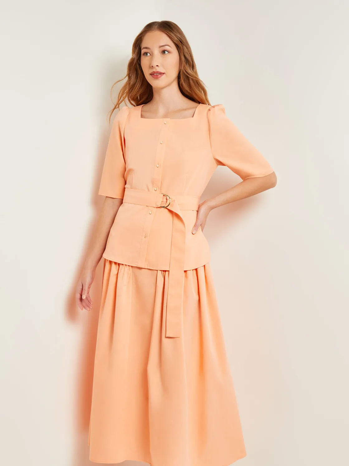 Misook Blouses & Shirts|Tops & Tees|Square Neck Button Front Blouse - Belted Faux Cupro Silk