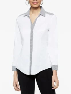Misook Blouses & Shirts|Tops & Tees|Stripe Trim Stretch Cotton Button-Up Shirt