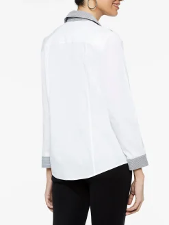 Misook Blouses & Shirts|Tops & Tees|Stripe Trim Stretch Cotton Button-Up Shirt