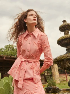 Misook Jackets & Coats|Tailored Fit Button Front Jacket - Belted Fringe Applique Cotton