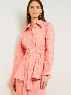 Misook Jackets & Coats|Tailored Fit Button Front Jacket - Belted Fringe Applique Cotton