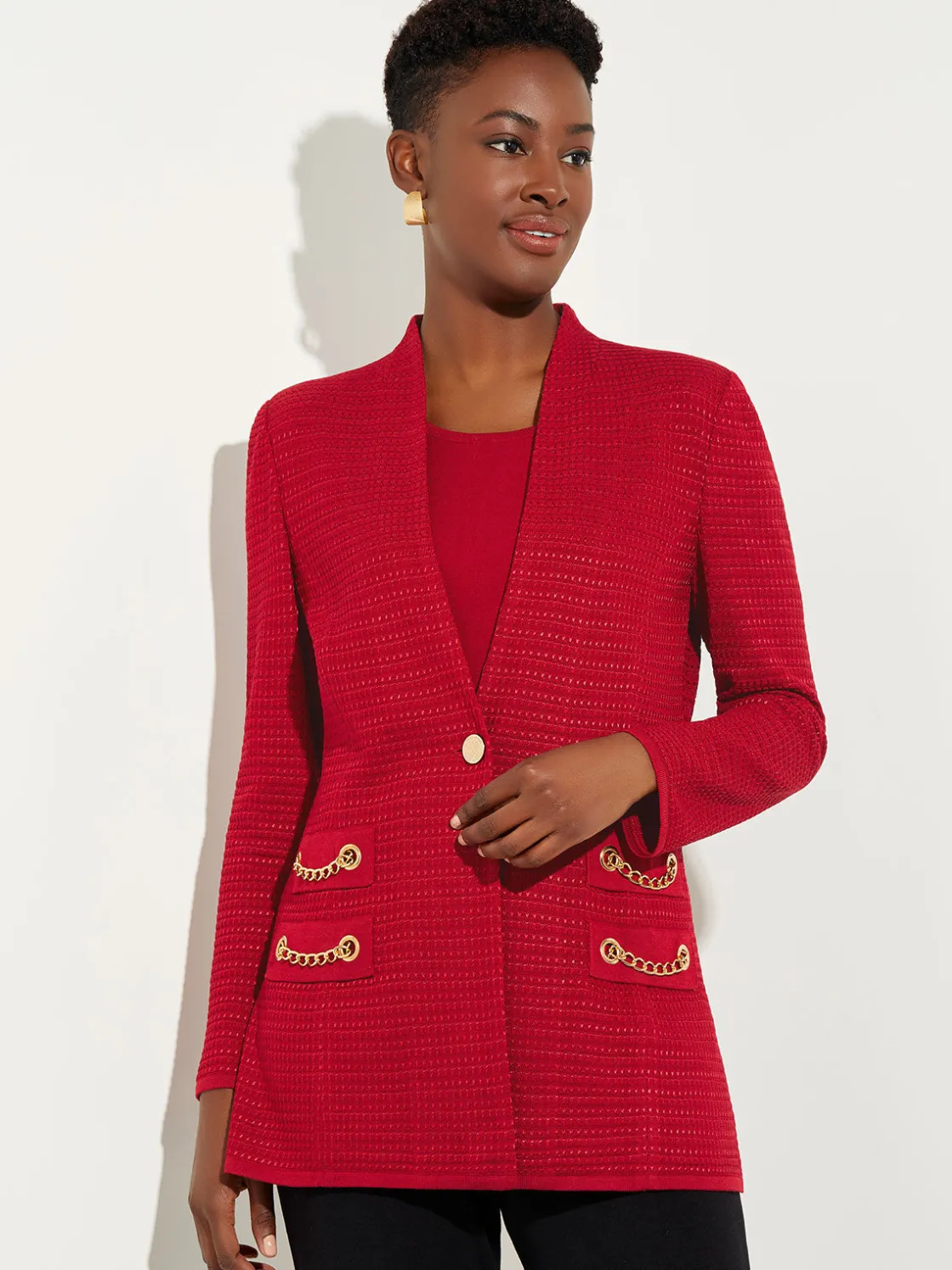 Misook Jackets & Coats|Tailored Fit Chain Detail Textured Knit Blazer
