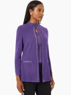 Misook Jackets & Coats|Tailored Fit Crocheted Chain Trim Textured Knit Jacket