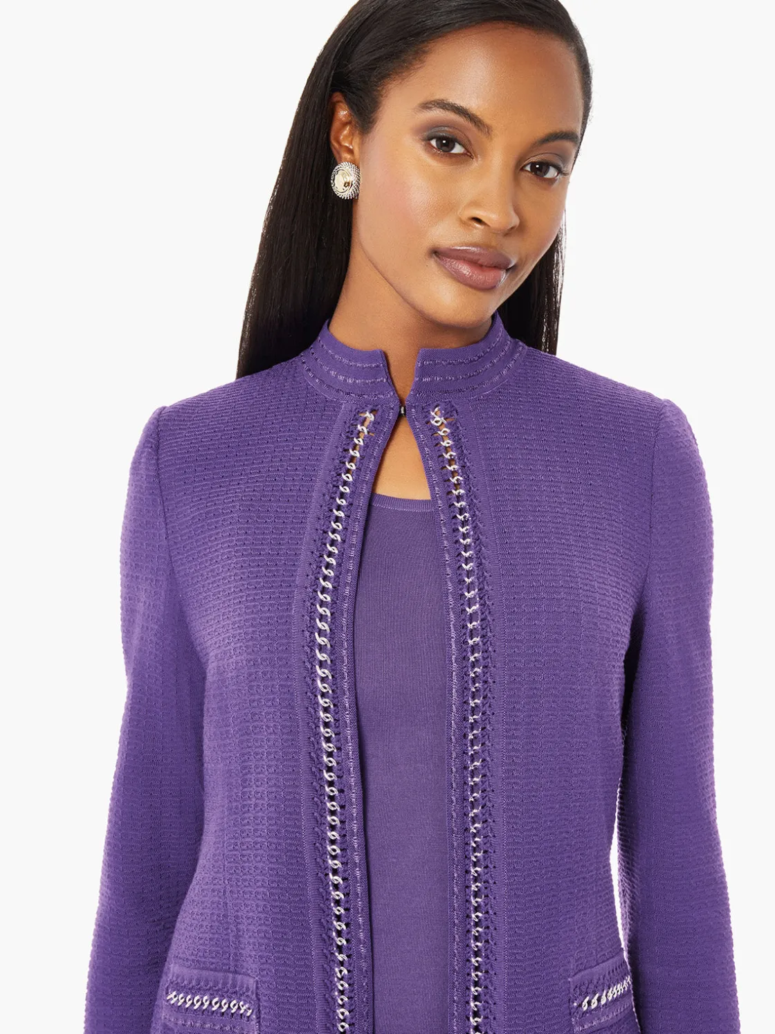 Misook Jackets & Coats|Tailored Fit Crocheted Chain Trim Textured Knit Jacket