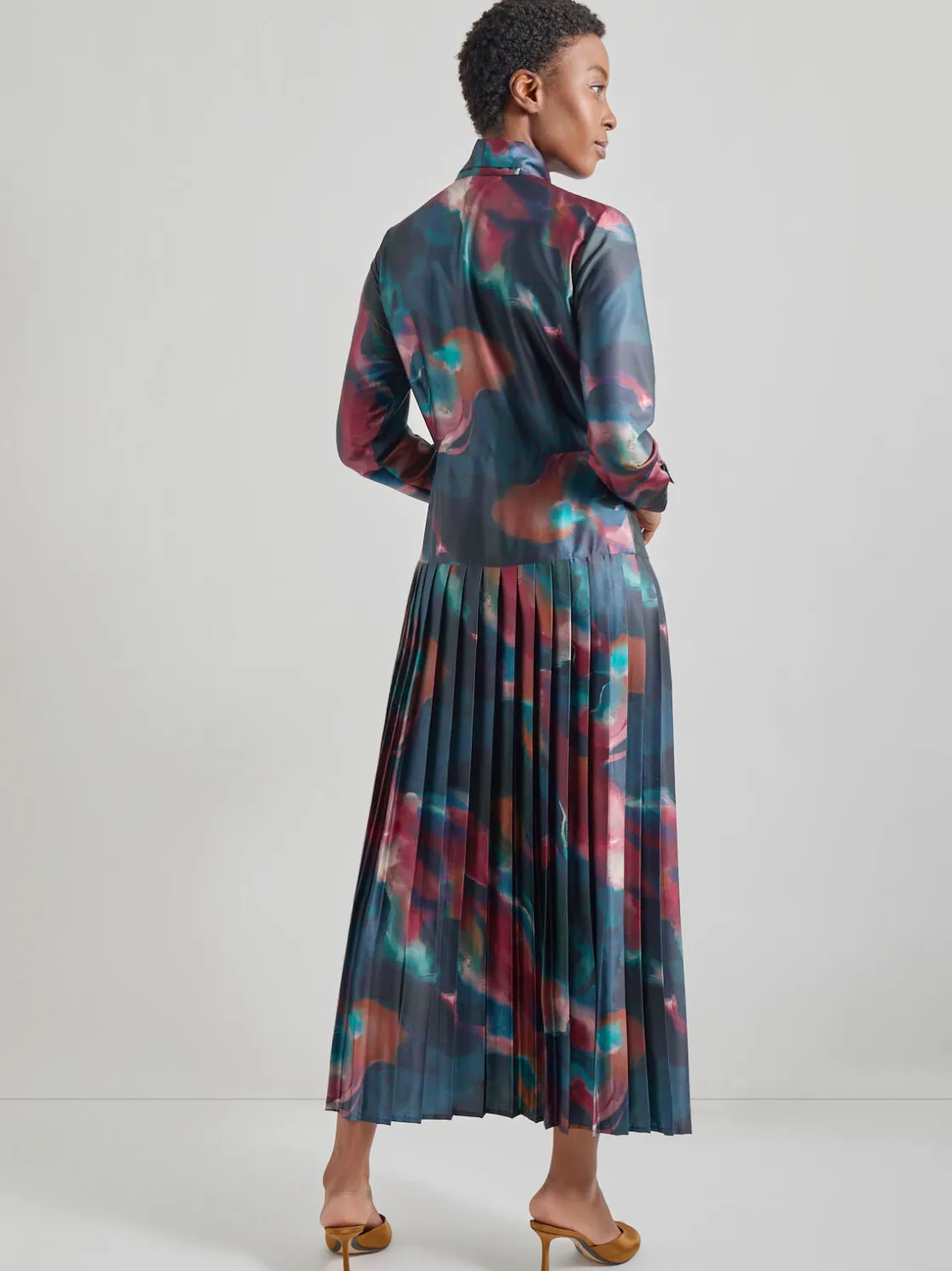 Misook Dresses|Tie Neck Pleated A-Line Maxi Dress