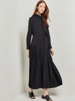 Misook Dresses|Tie Neck Pleated A-Line Maxi Dress