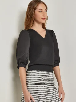 Misook Tops & Tees|Tie-Detail Puff Sleeve Blouse - Mixed Media