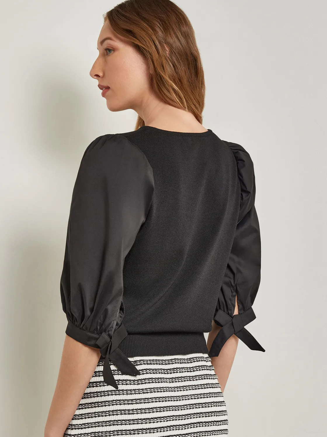 Misook Tops & Tees|Tie-Detail Puff Sleeve Blouse - Mixed Media