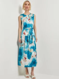Misook Dresses|Watercolor Removable Shawl Collar Crepe Maxi Dress