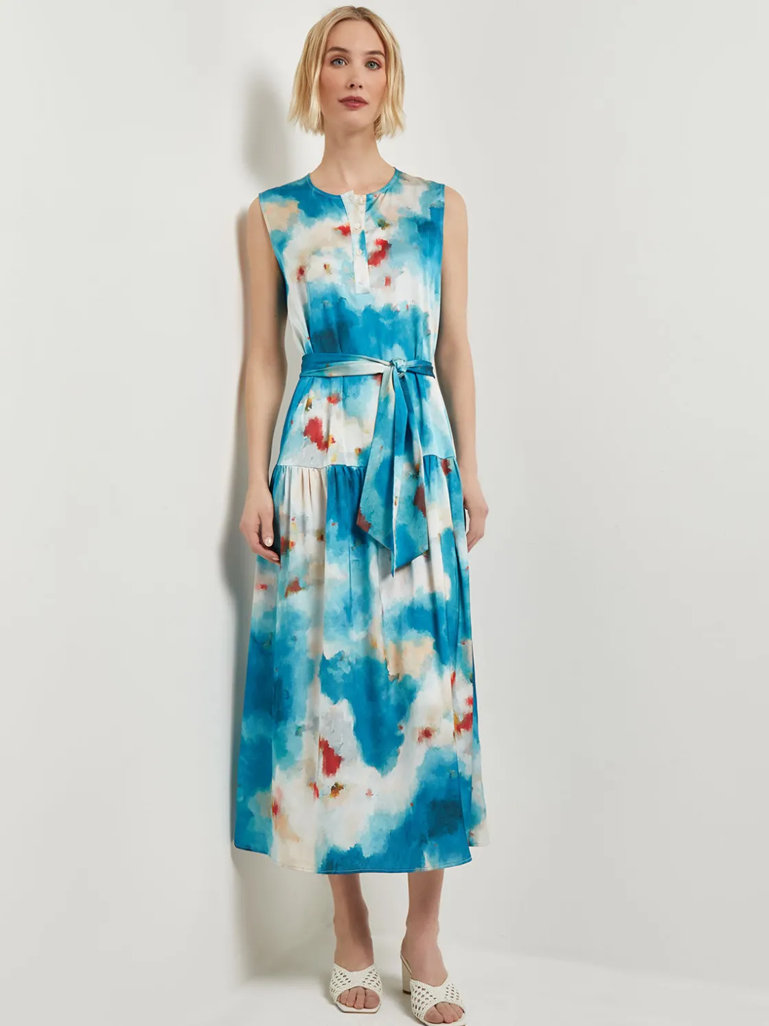 Misook Dresses|Watercolor Removable Shawl Collar Crepe Maxi Dress