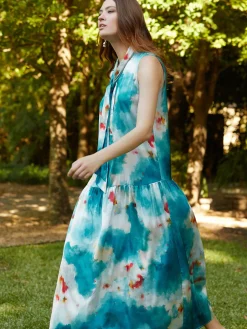 Misook Dresses|Watercolor Removable Shawl Collar Crepe Maxi Dress