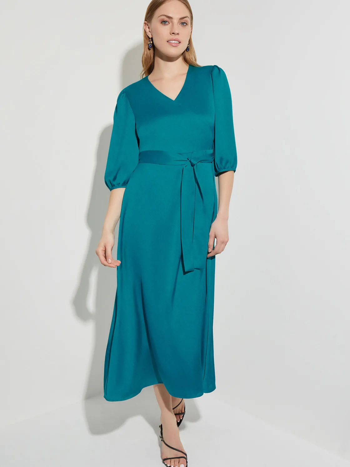 Misook Dresses|Woven Tie-Waist Balloon Sleeve Dress