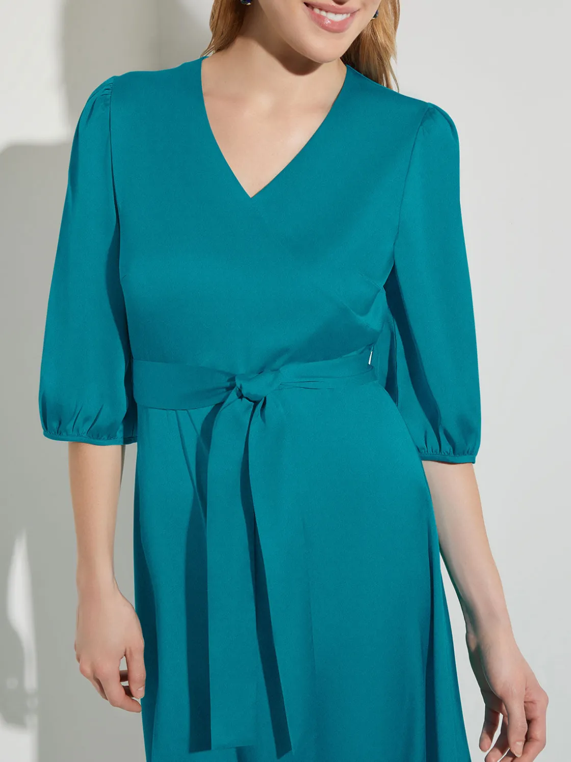 Misook Dresses|Woven Tie-Waist Balloon Sleeve Dress