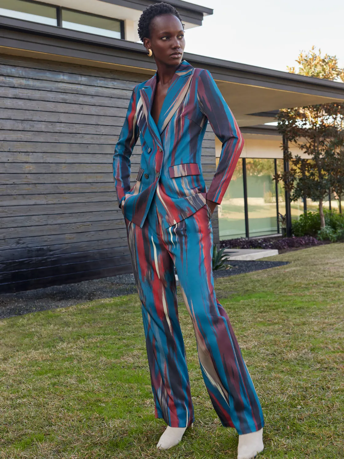 Misook Pants & Shorts|Zipper Fly Brushtroke Woven Wide Leg Pant